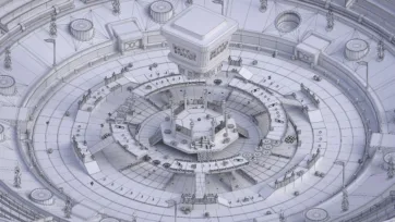 Detailed wireframe rendering of battle stadium 3D model showing complete arena layout with central platform and circular seating arrangement