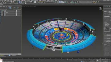 Houdini software interface featuring battle stadium 3D model with detailed stadium architecture and game elements