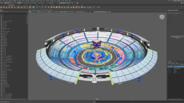 Maya software view of 3D battle stadium model displaying detailed arena construction with modular components