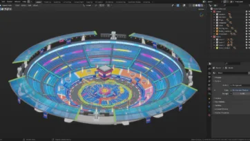 3D model of battle stadium in Blender software showing complete arena structure with colorful seating and central gameplay area