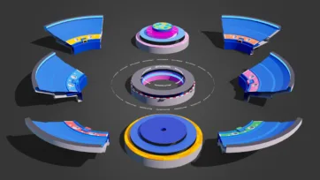 3D battle stadium curved sections and platform modules with detailed construction elements in low poly design