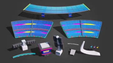 3D model of battle stadium structural elements featuring seating sections, lighting rigs, and display components in detailed low poly design