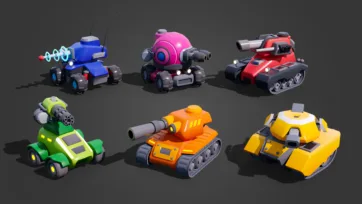 3D battle stadium combat vehicle collection showing tanks, armored cars, and battle machines in low poly style with detailed weapons