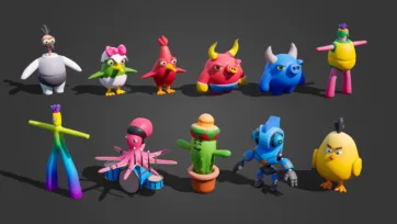 Complete character set for 3D battle stadium featuring ostrich, birds, bulls, cactus, robot, and performers in colorful low poly style