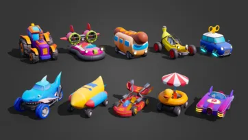 Collection of battle stadium 3D vehicle models including tractor, hover car, hot dog van, and shark racer in vibrant low poly design