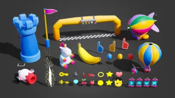 3D battle stadium props and collectibles including starting gate, characters, hot air balloon, and game items in colorful low poly style