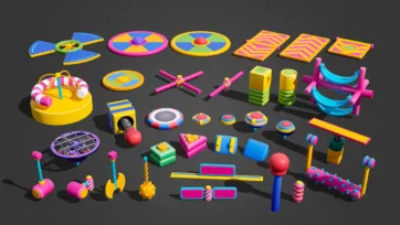 3D model set of battle stadium game elements featuring colorful platforms, spinning discs, and interactive obstacles in low poly design