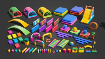 Collection of 3D battle stadium modular obstacles and platforms in vibrant colors showing ramps, blocks, and game elements