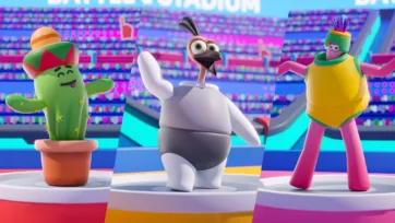 Low poly 3D battle stadium mascots including cactus character, ostrich, and colorful performer on display platforms