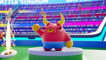 Close-up of cartoon bull character with horns in 3D battle stadium, displaying vibrant colors and sparkler effects