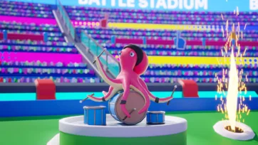 Pink octopus drummer character on platform in 3D battle stadium, featuring drum kit and pyrotechnic effects