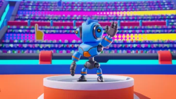 Close-up of blue robot character in 3D battle stadium model, showing detailed articulation against colorful stadium backdrop