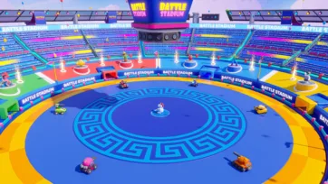 Overhead view of 3D battle stadium arena with Greek pattern floor design, featuring toy vehicles and character platforms in low poly style