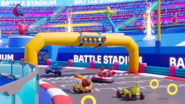 Starting gate in 3D battle stadium with toy racers and light system, showing detailed track design and stadium architecture