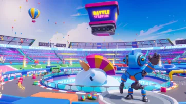 3D battle stadium arena featuring robot character and inflatable mascot with floating scoreboard and colorful stadium elements