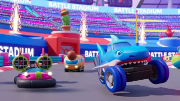 Close-up of battle stadium 3D model showing detailed toy vehicles including shark racer and hover craft in vibrant low poly design
