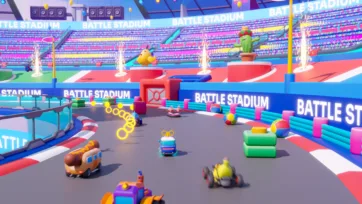 3D battle stadium racing track with toy vehicles and collectible rings, featuring colorful stadium design and pyrotechnic effects in low poly style