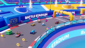 Curved racetrack view of 3D battle stadium model showing toy vehicles in action with neon signage and special effects