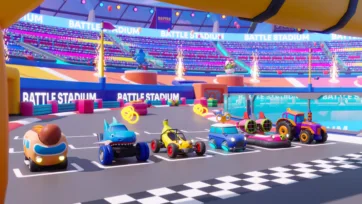 Low poly 3D battle stadium racing scene with cute cartoon vehicles lined up at starting line, featuring stadium seating and colorful lighting