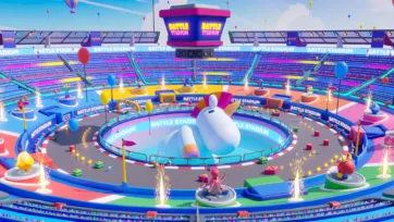 3D battle stadium featuring giant inflatable character in central arena with dynamic lighting and pyrotechnic effects