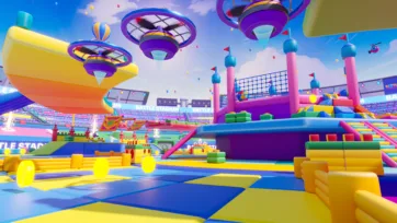 3D battle stadium model featuring futuristic hovering platforms, colorful game arena, and floating hot air balloons in vibrant low poly style