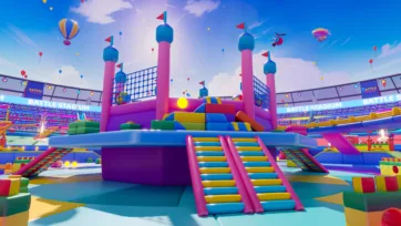 Central tower area of 3D battle stadium model with pink columns, blue and yellow stairs, and floating balloons against bright sky