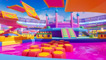 Detailed view of battle stadium obstacle course with hexagonal platforms, colorful stairs, and geometric structures in low poly style