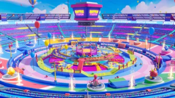 Interior view of 3D battle stadium showing colorful game arena with circular platforms, festive balloons, and sparkler effects in low poly design