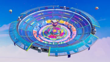 Colorful 3D battle stadium model with circular arena design, featuring vibrant seating arrangements and floating hot air balloons in a low poly style