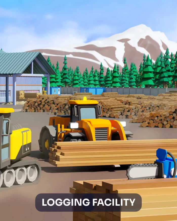 Low poly logging facility featuring wood industry models, logs, and machinery against a mountain backdrop.