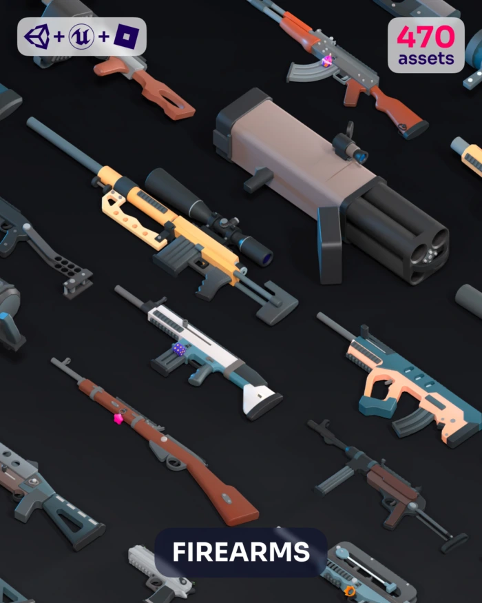 Collection of 3D low poly firearms and weapon 3D models for games