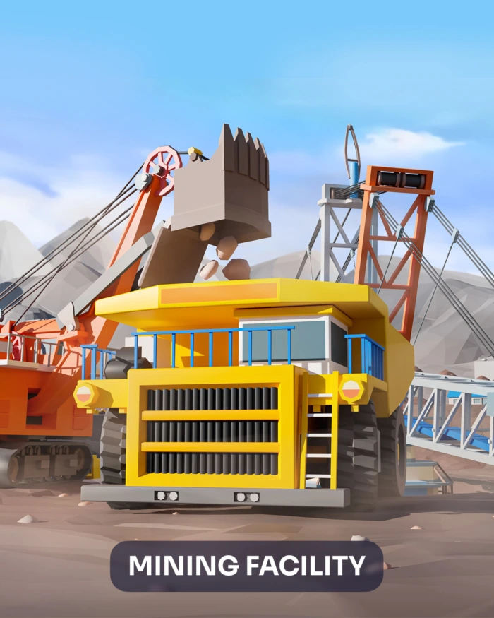 3D model mining equipment: Low poly dump truck being loaded at a mining facility. Machinery 3D model.