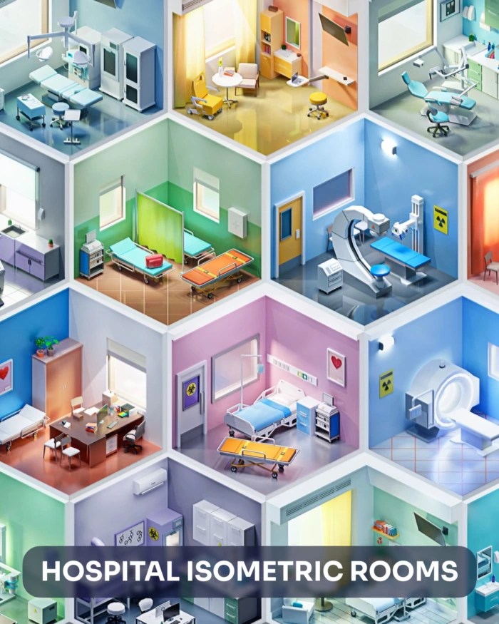 Isometric 3D hospital rooms. Text: HOSPITAL ISOMETRIC ROOMS.
