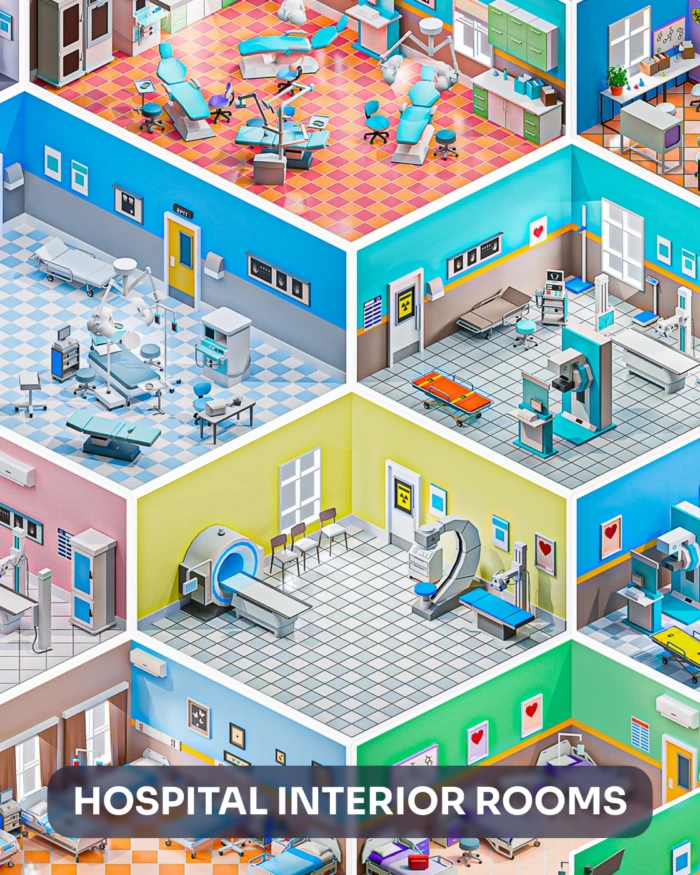 3D hospital interior rooms: Isometric view showcasing various medical spaces. "Hospital Interior Rooms" text overlay.