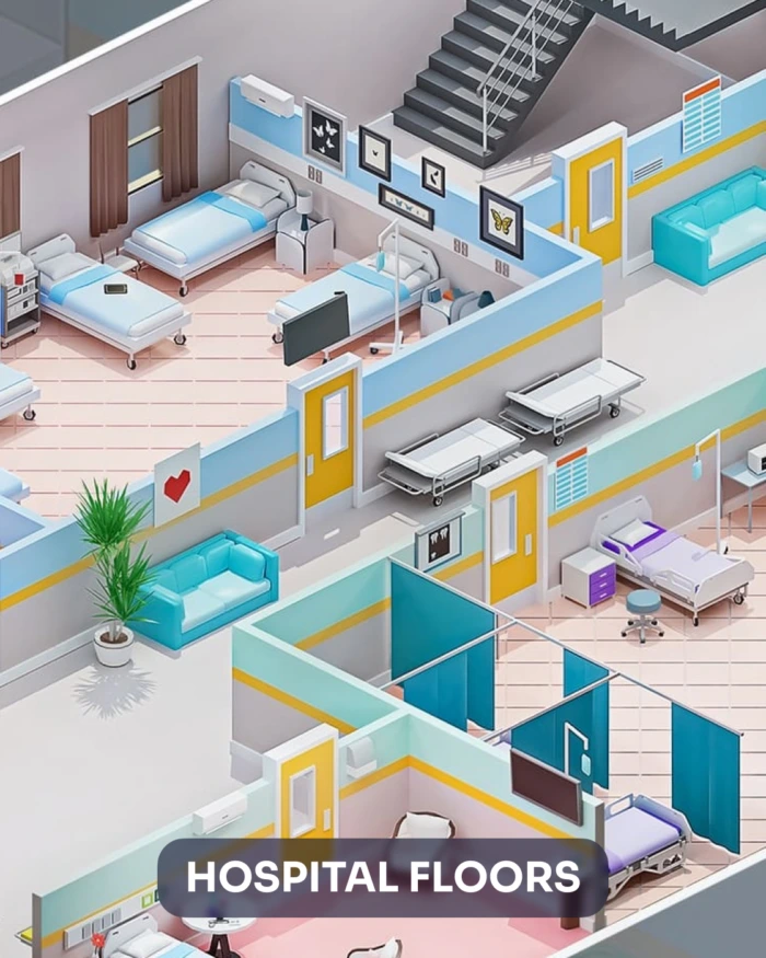 Hospital floors 3D model featuring patient rooms, hallways, and stairs in a low poly style.