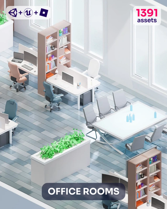 3D office room featuring low poly office models, desks, chairs, plants, and bookshelves. Text: "Office Rooms" and "1391 assets.