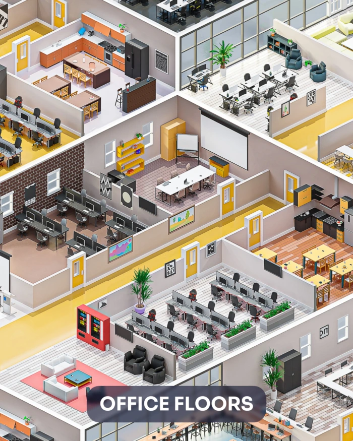 3D office floor plan featuring diverse workspaces, kitchen, and meeting rooms. "OFFICE FLOORS" text overlay. Low poly office design.
