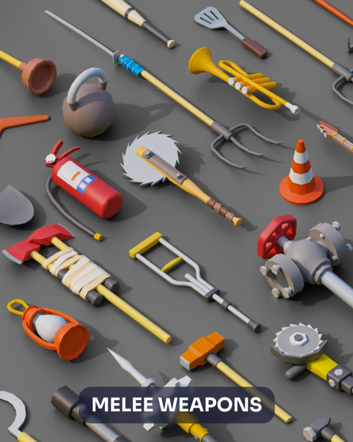 Collection of low poly melee weapons. "MELEE WEAPONS" text overlay.
