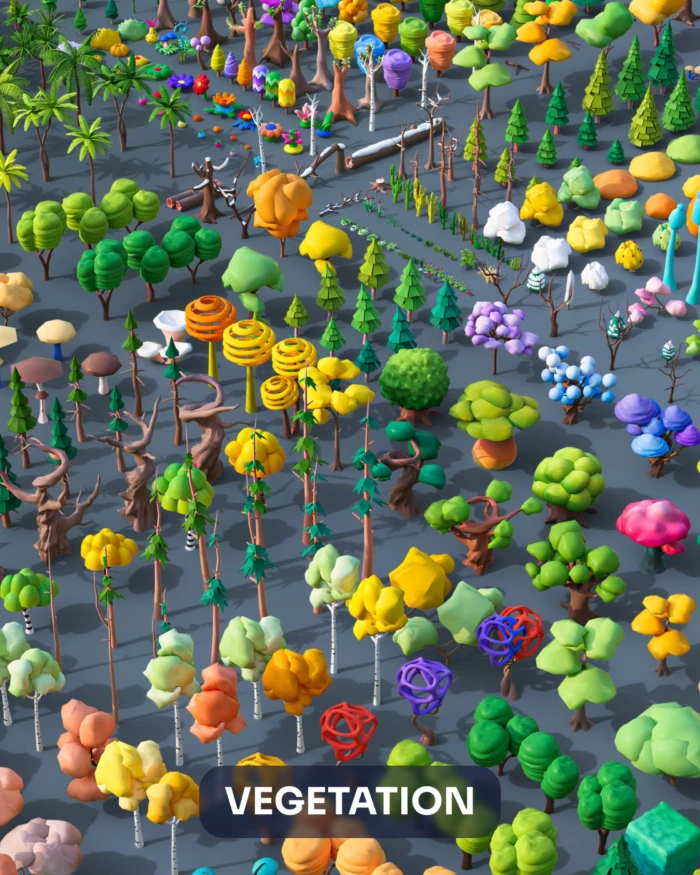 Variety of low poly trees and plants, ideal forest assets unity. Text: VEGETATION
