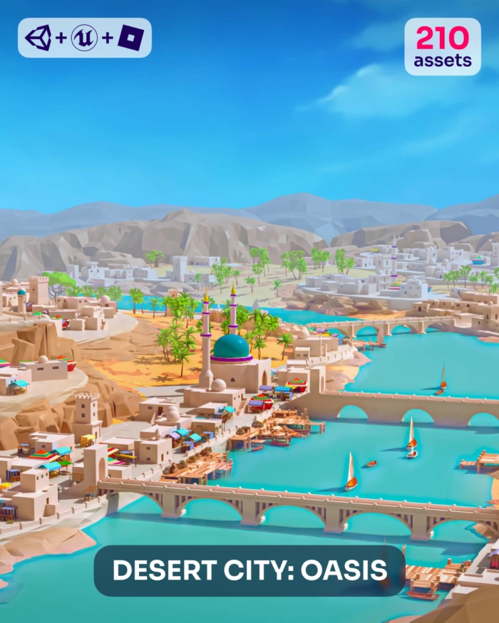 Low poly desert city oasis 3D model with bridges, turquoise water, and 210 assets.