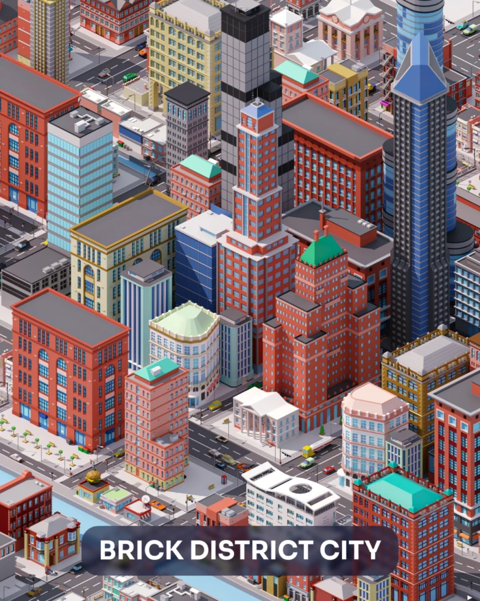 Brick District City: A vibrant 3D city model showcasing detailed city assets.