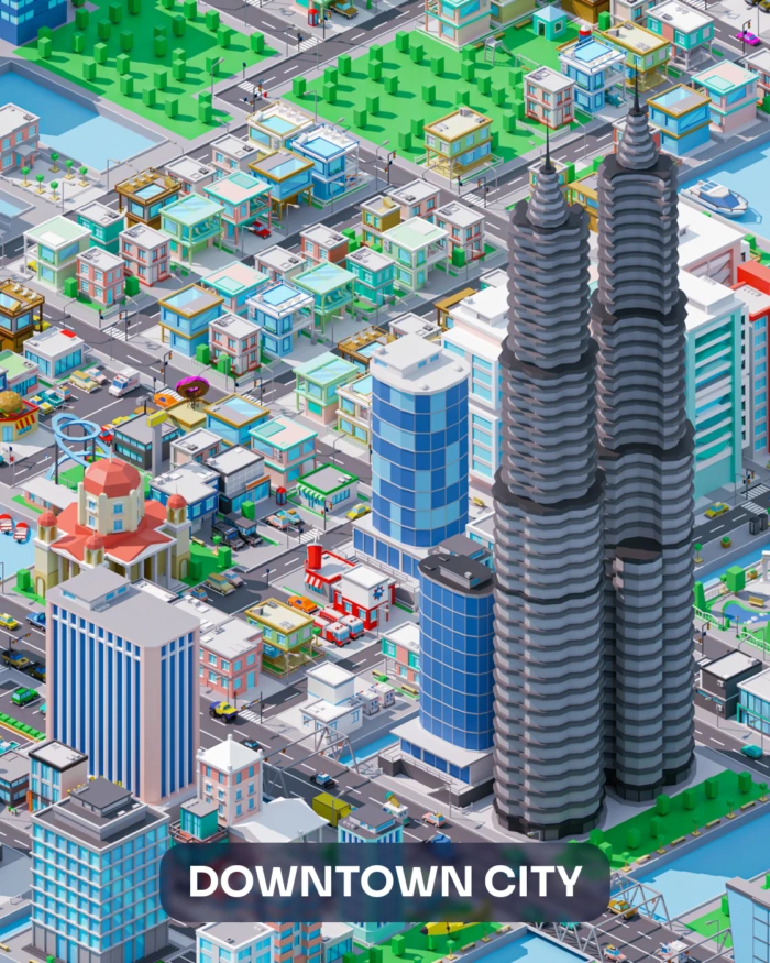 Downtown City: Low poly 3D city model featuring skyscrapers and colorful low poly city buildings.