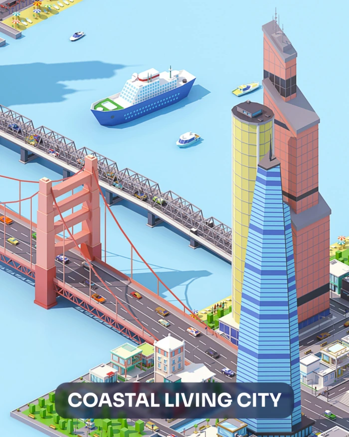 Low poly city featuring a bridge, cruise ship, and colorful skyscrapers. "Coastal Living City" text overlay.