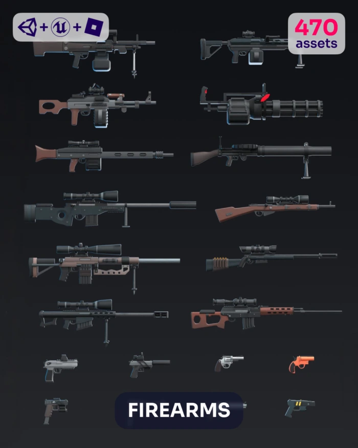 Collection of 3D low poly guns and modern weapons, including rifles and pistols.
