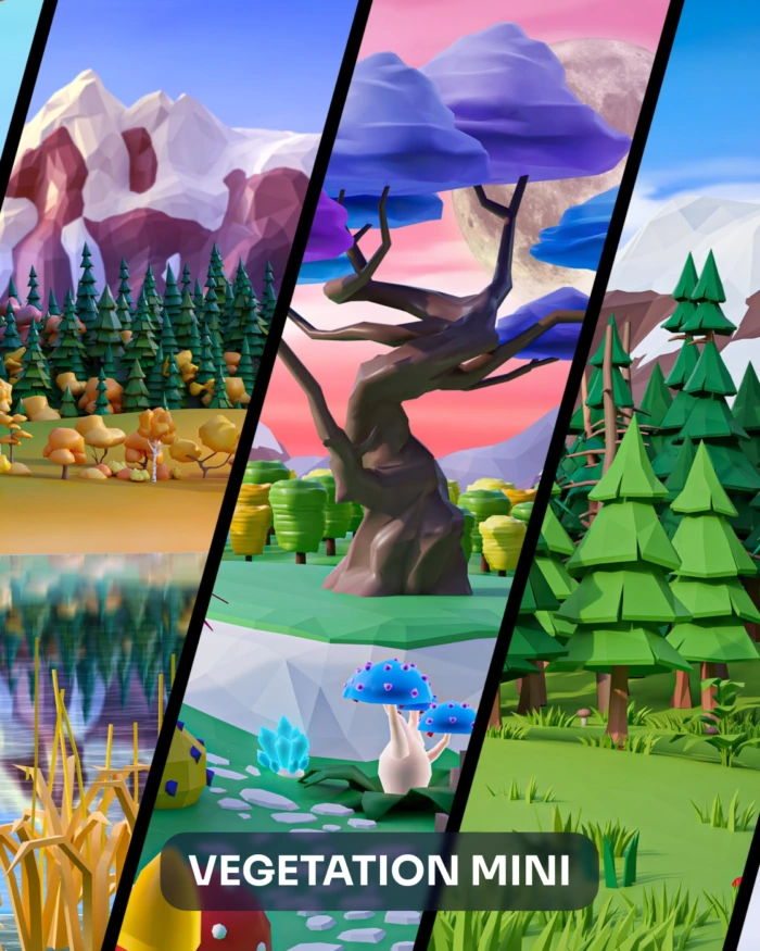 Vegetation Mini: Low poly trees and forest assets in a stylized landscape.