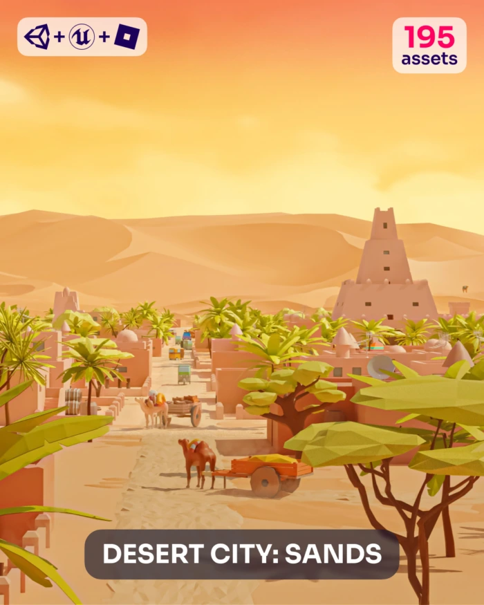 Low poly Arabic desert city with sand dunes, buildings, camels, and carts. Desert City: Sands.