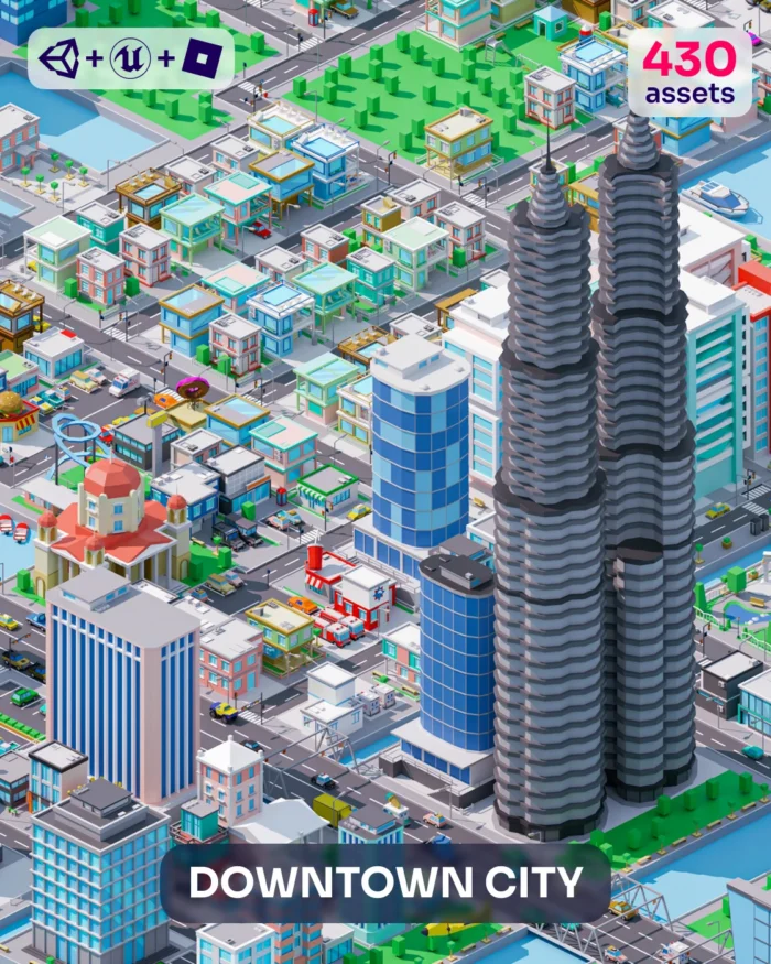 Downtown City: 430 low poly city assets, 3d city model, buildings