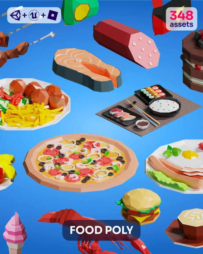3D food models: pizza, burger, salmon, sushi, fries, and more