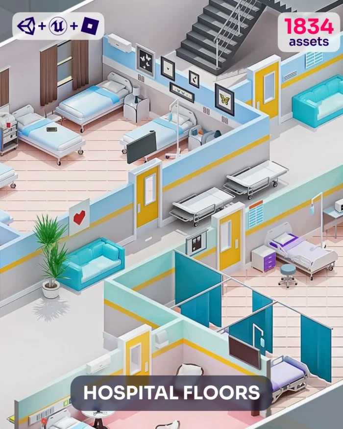 3D model of a low poly hospital hallway with beds and rooms