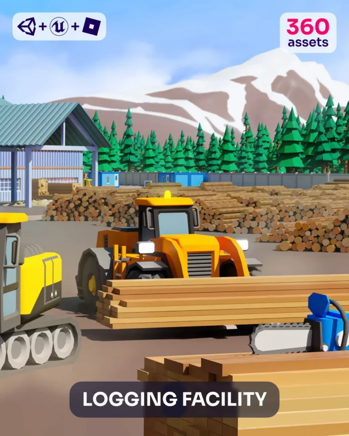 Logging facility with tractors, wood logs, and mountains. Includes "Logging Facility" text.